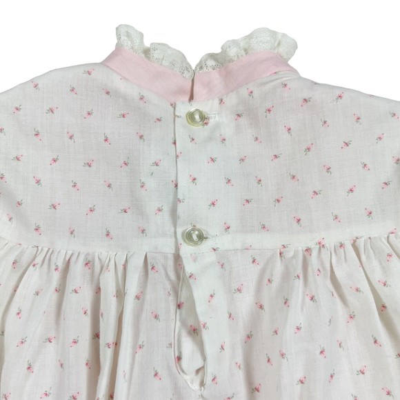Vtg Hand Smocked Dress 24 Mo. Polly Flinders Calico w Pink Apron Lace 3/4 Sleeve - Picture 7 of 12
